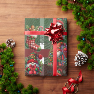 Papier Cadeau Gnome en pain d'épice à carreaux vert brillant de 