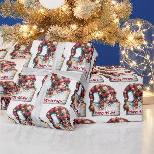 Papier Cadeau Gnome Fille De Noël Avec Casquette Plaid