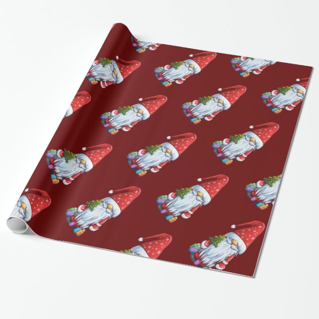 Papier Cadeau Gnome Gonk De Noël Habillé En Tenue Festive (Déroulé)