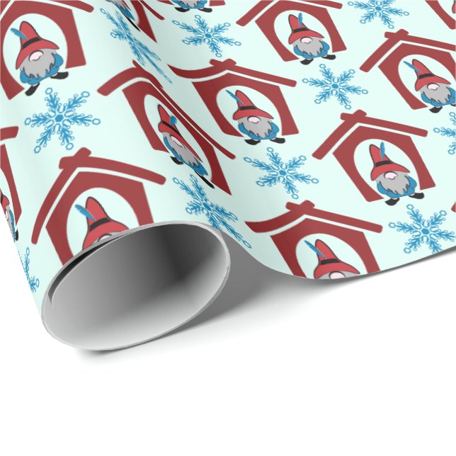 Papier Cadeau Gnome pour le Motif de Noël Rouge Bleu (Coin rond)