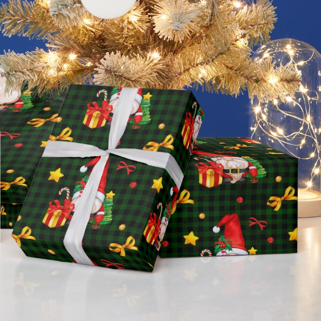 Papier Cadeau Gnome Santa à carreaux verts (Vacances)