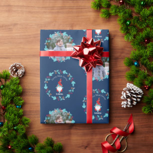 Papier Cadeau Gnome Sweet Gnome Floral Wreath Blue Photo personn