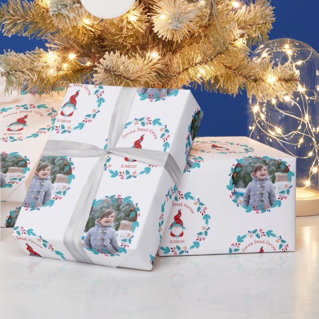 Papier Cadeau Gnome Sweet Gnome Floral Wreath Cute Photo personn (Vacances)