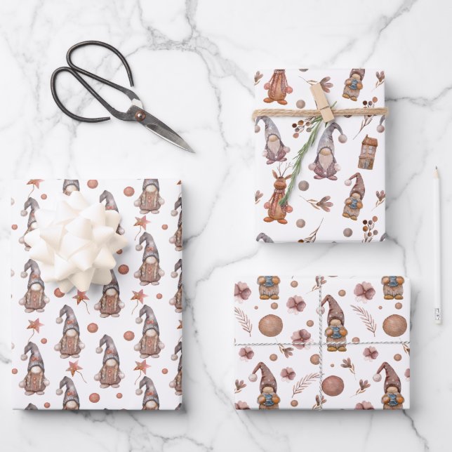 Papier Cadeau Gnomes Bois Neutres Ensemble de 3 Wraps en feuille (Recto)