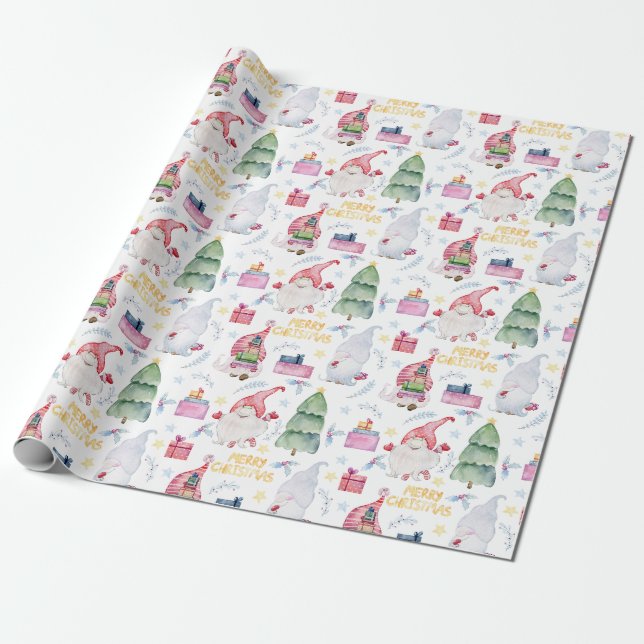 Papier Cadeau gnomes d'aquarelle de Noël (Déroulé)