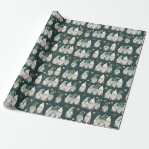 Papier Cadeau Gnomes de Noël Vert Or Tendance Scandinave
