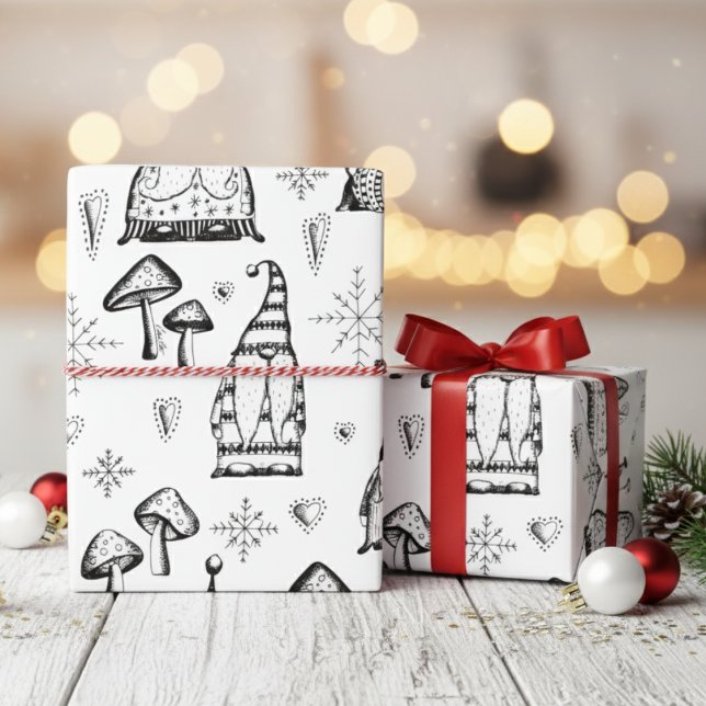 Papier Cadeau Gnomes et champignons de Noël mignons Illustration (Modern Whimsical Xmas Gnomes Holiday Wrapping Paper Cute Black & White Winter Gnome Pattern for Kids)