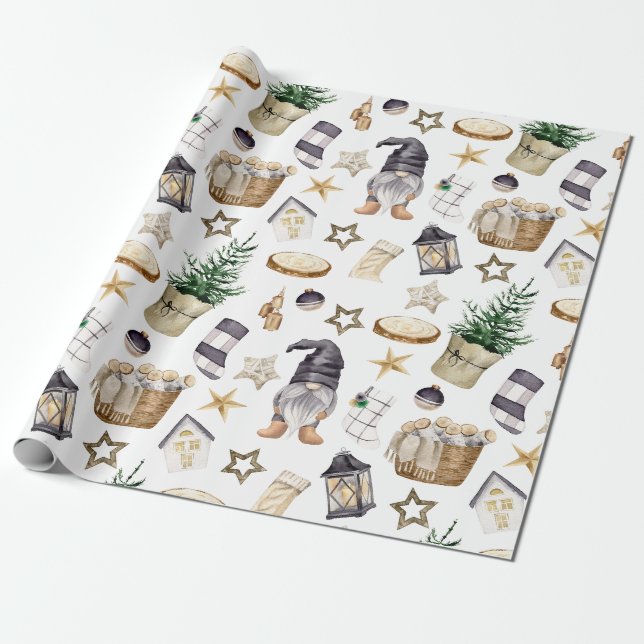 Papier Cadeau Gnomes et décorations rustiques de Noël (Déroulé)
