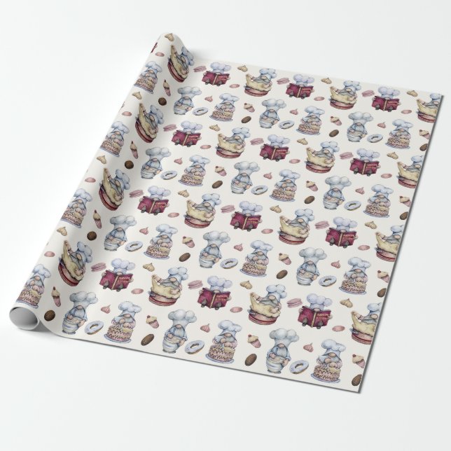 Papier Cadeau Gnomes préparant des cupcakes Donuts Bois tendance (Déroulé)