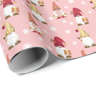 Papier Cadeau Gnomes tendance hiver rose rouge Rose or
