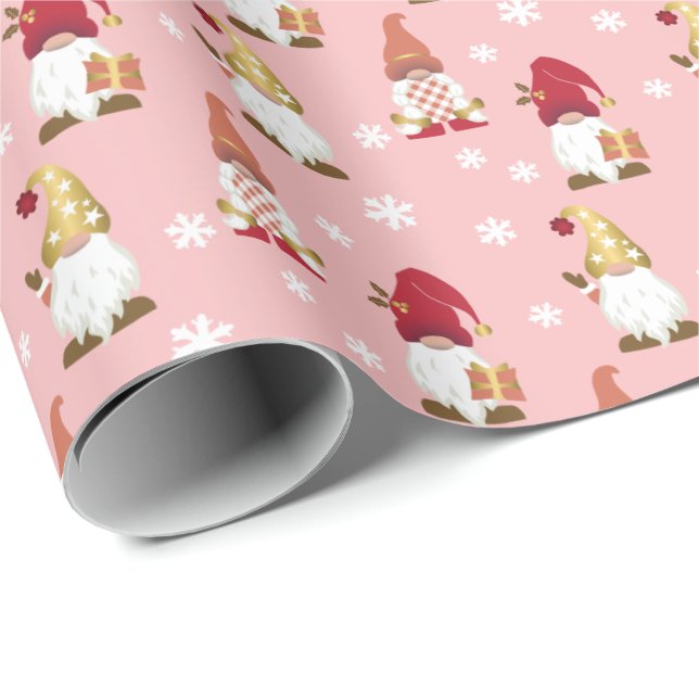 Papier Cadeau Gnomes tendance hiver rose rouge Rose or (Coin rond)