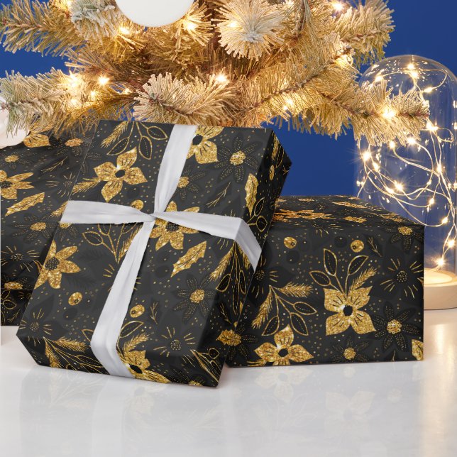 Papier Cadeau Gold and Black Christmas Poinsettia Flowers (Vacances)