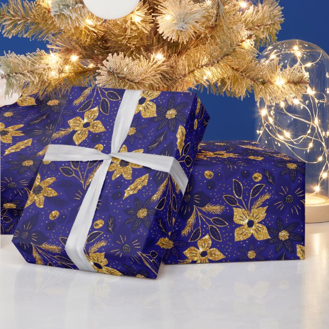 Papier Cadeau Gold and Blue Christmas Poinsettia Flowers (Vacances)