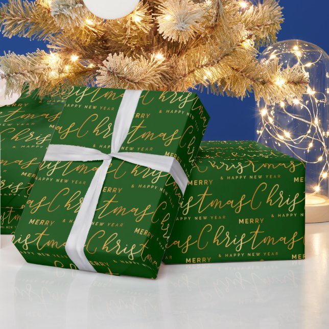 Papier Cadeau Gold and Green Merry Christmas Word Art (Vacances)
