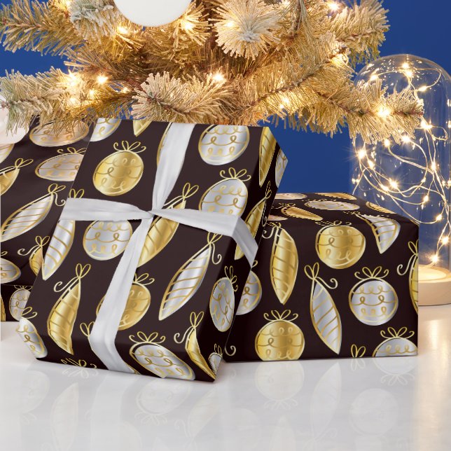 Papier Cadeau Gold And Silver Tree Ornaments Wrapping Paper (Vacances)