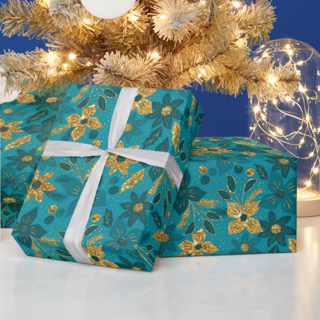 Papier Cadeau Gold and Teal Blue Christmas Poinsettia Flowers (Vacances)