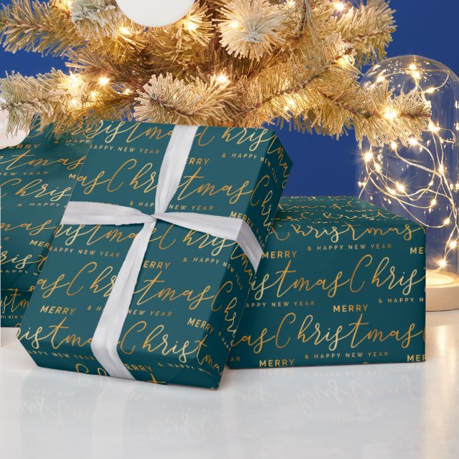 Papier Cadeau Gold and Teal Merry Christmas Word Art (Vacances)