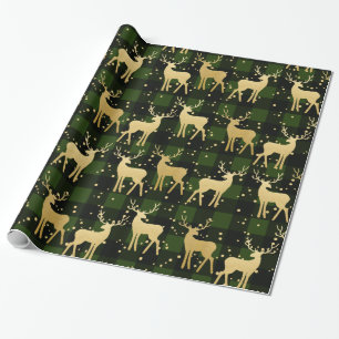 Papier Cadeau Gold Antler Reindeer Green Buffalo Plaid Motif