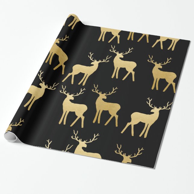 Papier Cadeau Gold Antler Reindeer Holiday Elegant Black (Déroulé)