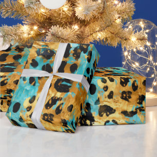 Papier Cadeau Gold Aqua Black Leopard Animal