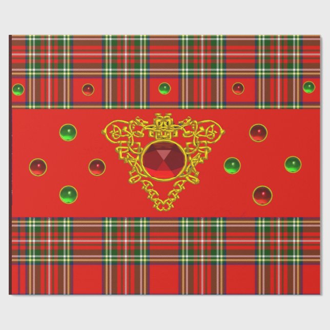 PAPIER CADEAU GOLD CELTIC COEUR, RUBY, ROUGE VERT ÉCOSSE TARTAN (Plat)