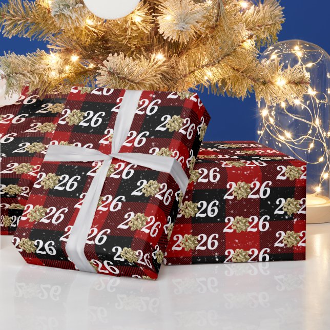 Papier Cadeau Gold Christmas Bow On Plaid 2026 (Vacances)