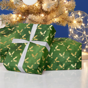 Papier Cadeau Gold Christmas Holly sur Green