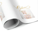 Papier Cadeau Gold Color Believe Script with Photo Christmas<br><div class="desc">Elégante couleur or croient script typographie avec photo religieuse Noël papier d'emballage de Noël.</div>