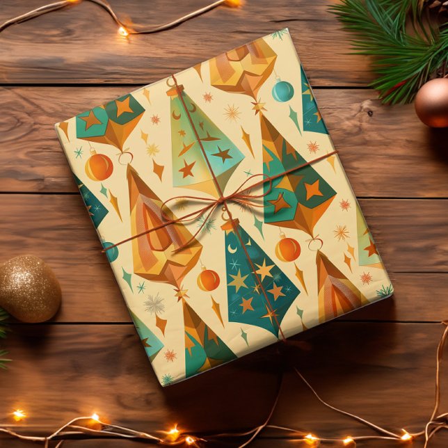 Papier Cadeau Gold Copper Retro Mid Century moderne Noël (Vintage retro mid century modern christmas wrapping paper in warm golds, coppers, and teals.)