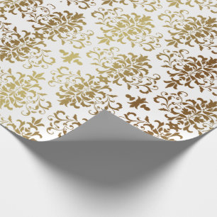 Papier Cadeau Gold Damask White Script élégant