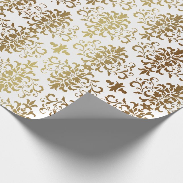 Papier Cadeau Gold Damask White Script élégant (Coin)