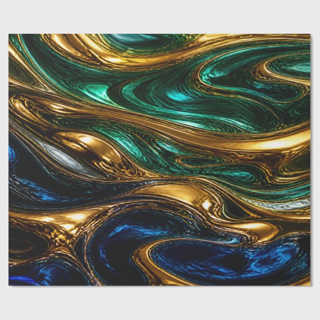 Papier Cadeau Gold Emerald Sapphire Fluid Art (Plat)
