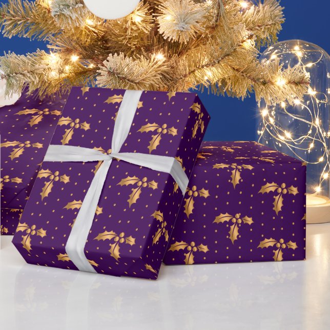 Papier Cadeau Gold et Purple Christmas Holly (Vacances)