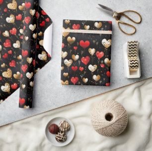 Papier Cadeau Gold et Red Hearts sur Black Luxury