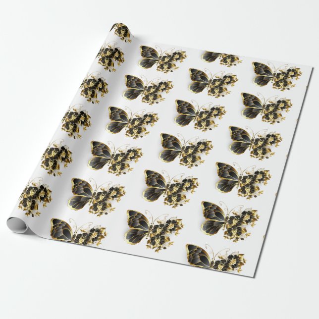 Papier Cadeau Gold flower Butterfly with Black Orchid (Déroulé)