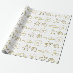 Papier Cadeau Gold Foil Look Sea Shells Chic Beach Elegant Blanc