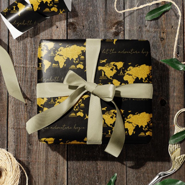 Papier Cadeau Gold Glitter World Map on Black Elegant Wedding (Créateur téléchargé)