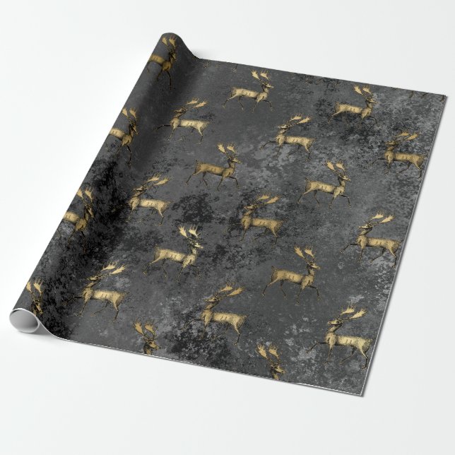 Papier Cadeau Gold Gothique Grunge Motif de rennes de Noël (Déroulé)