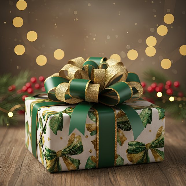 Papier Cadeau Gold Green Christmas Bows Vintage (Gold and green Christmas bows pattern for holiday gift wrapping paper)