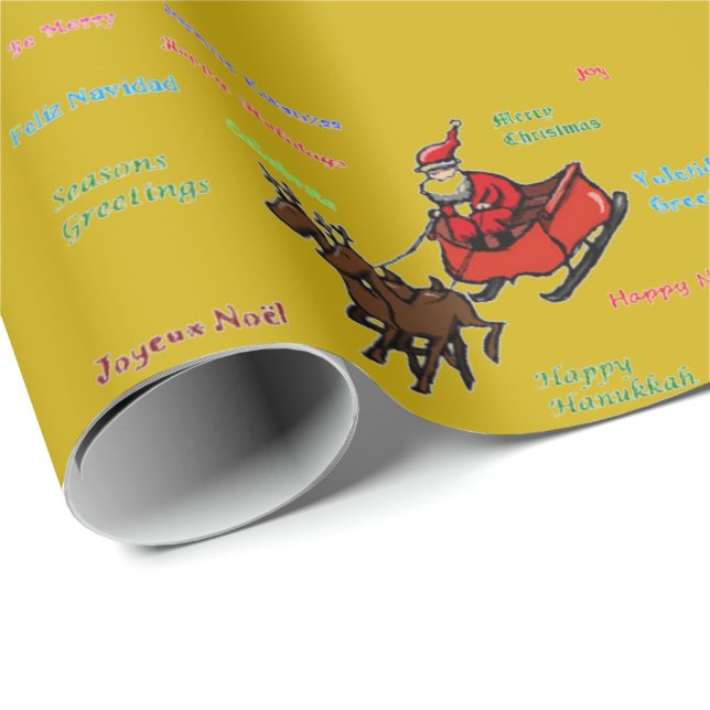 Papier cadeau Gold Greetings avec Santa (Coin rond)