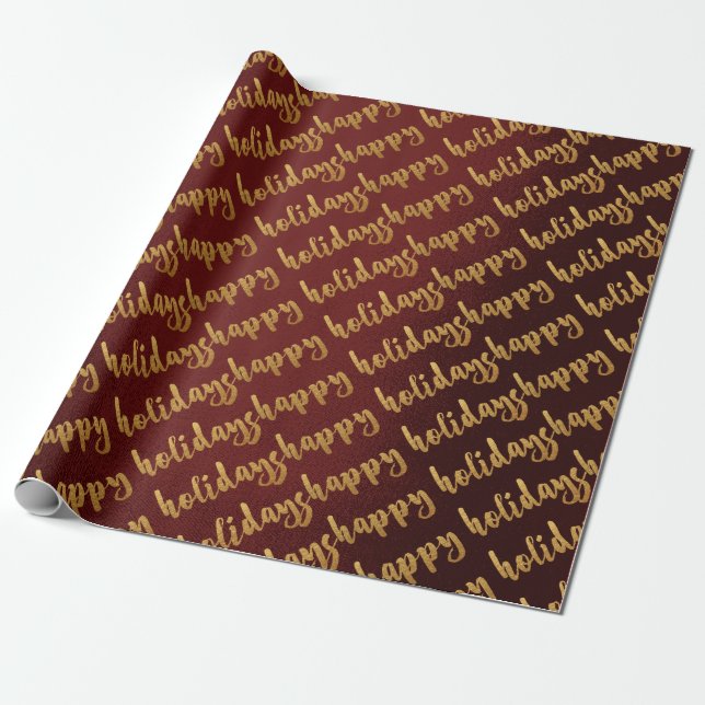 Papier Cadeau Gold Happy Holidays Burgundy Laurel Maroon (Déroulé)