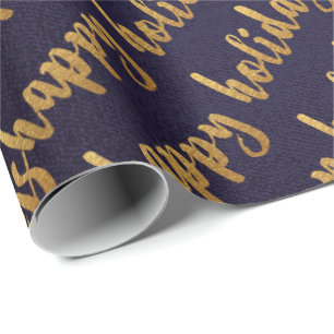 Papier Cadeau Gold Happy Holidays Script Deep Blue Navy
