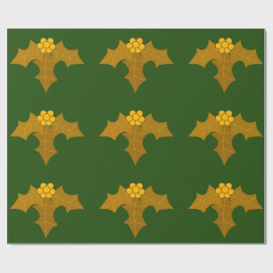 Papier Cadeau Gold Holly sur papier d'enveloppement vert foncé