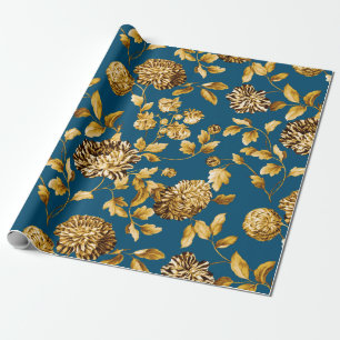 Papier Cadeau Gold On Turquoise Blue Modern Floral Toile Vintage