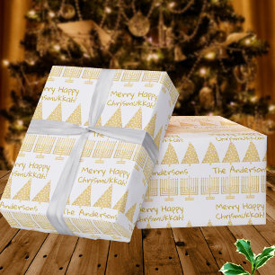 Papier Cadeau Gold On White Merry Happy Chrismukkah Holiday