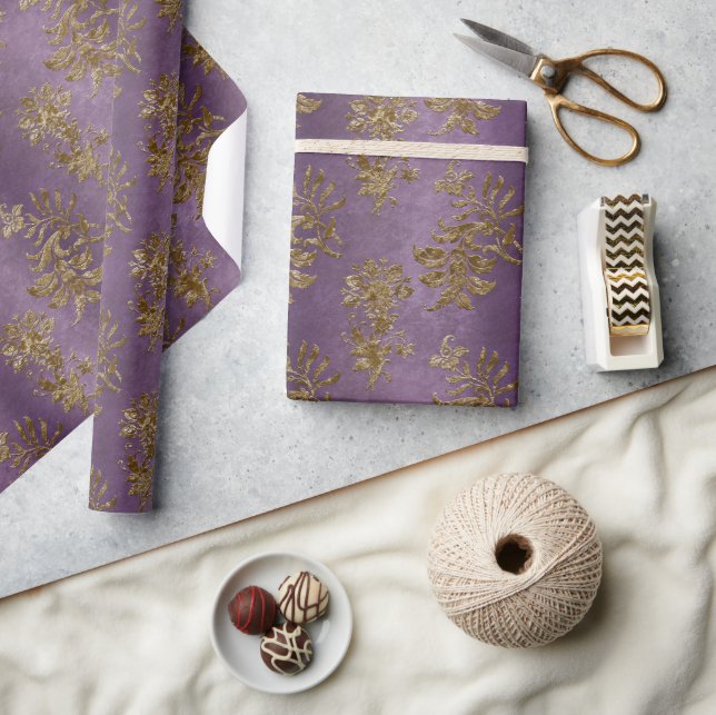 Papier Cadeau Gold & Purple Damask Faux Velvet Christmas (Artisanat)