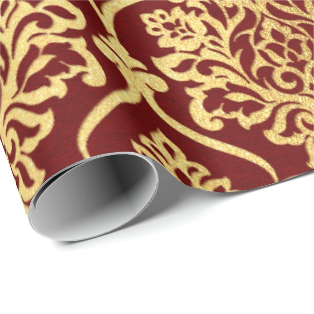 Papier Cadeau Gold Royal Damask Floral Maroon Bourgogne Luxe (Coin rond)