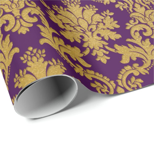 Papier Cadeau Gold Royal Damask Floral Purple Plum Baroque (Coin rond)