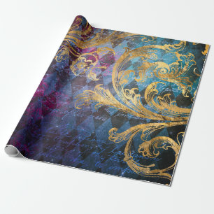 Papier Cadeau Gold Scrollwork on Purple and Blue