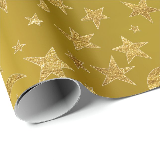 Papier Cadeau Gold Stars Lune Ciel Métallurgique Moutarde Jaune (Coin rond)